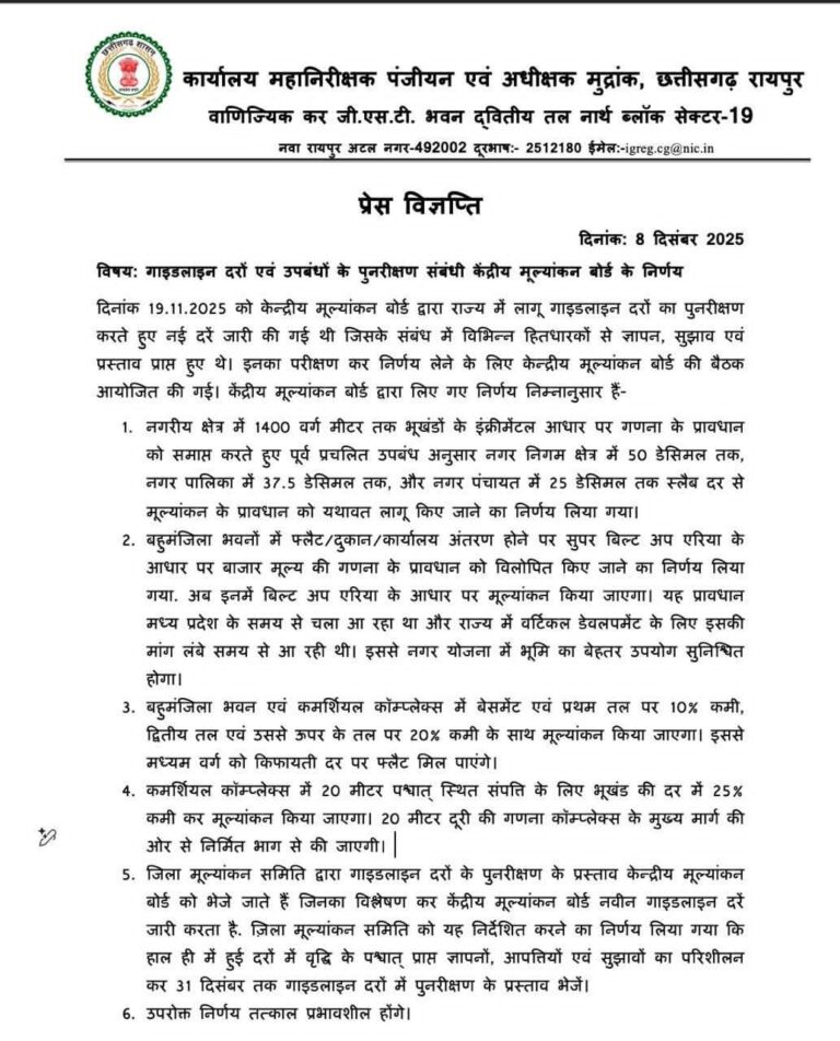 गाइडलाइन दरों के पुनरीक्षण पर बड़ा फैसला — केंद्रीय मूल्यांकन बोर्ड ने राज्यों को दी राहत, कई श्रेणियों में दरें घटाई गईं