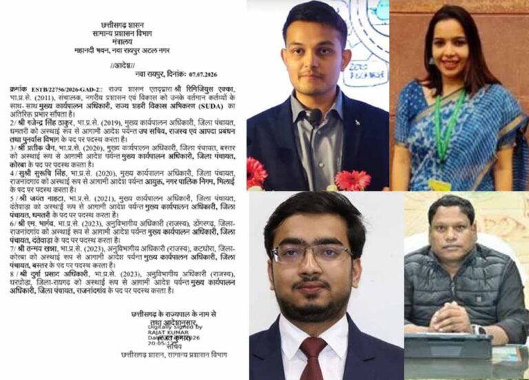 छत्तीसगढ़ सरकार का बड़ा प्रशासनिक फैसला, 5 जिला पंचायत CEO का ट्रांसफर, एक्का को मिली नई जिम्मेदारी