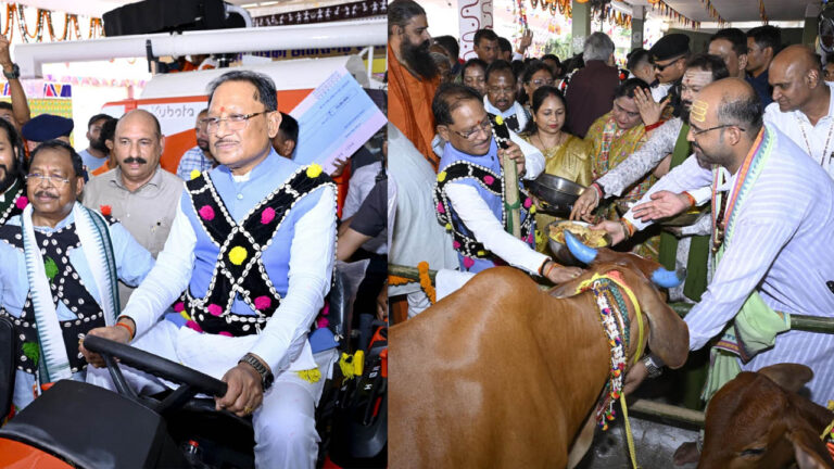 पारंपरिक वेशभूषा में पिंक ऑटो से कार्यक्रम स्थल पहुंचे मुख्यमंत्री विष्णुदेव साय और विधानसभा अध्यक्ष डॉ. रमन सिंह
