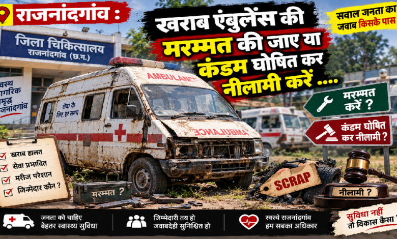 राजनांदगांव : खराब एंबुलेंस की मरम्मत की जाए या कंडम घोषित कर नीलामी करें ….